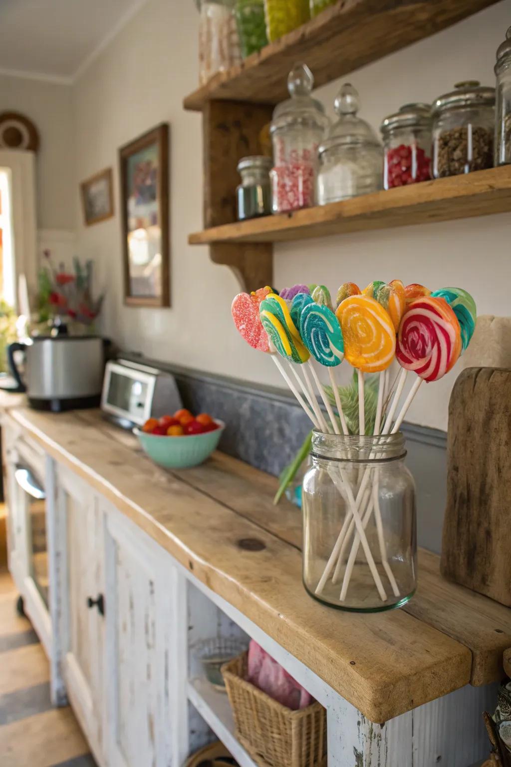 Mason containers impart a pastoral appeal to lollipop exhibits.