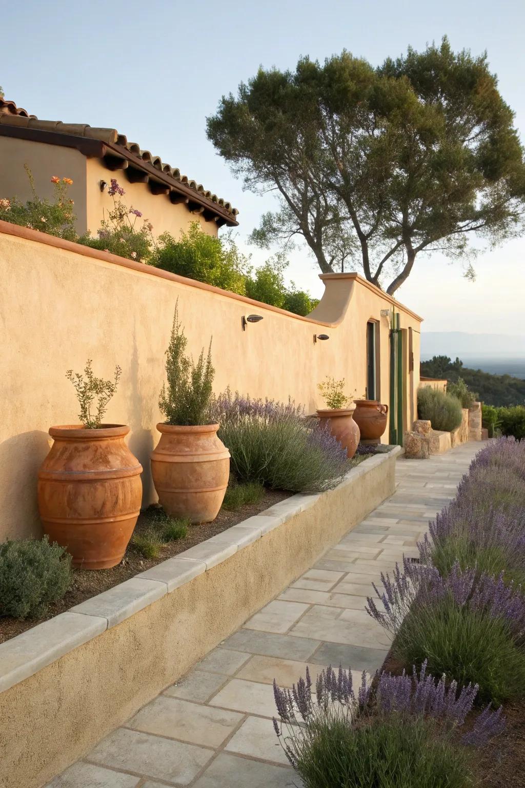 A diminutive stucco partition elevates the Mediterranean sensation of this front yard.