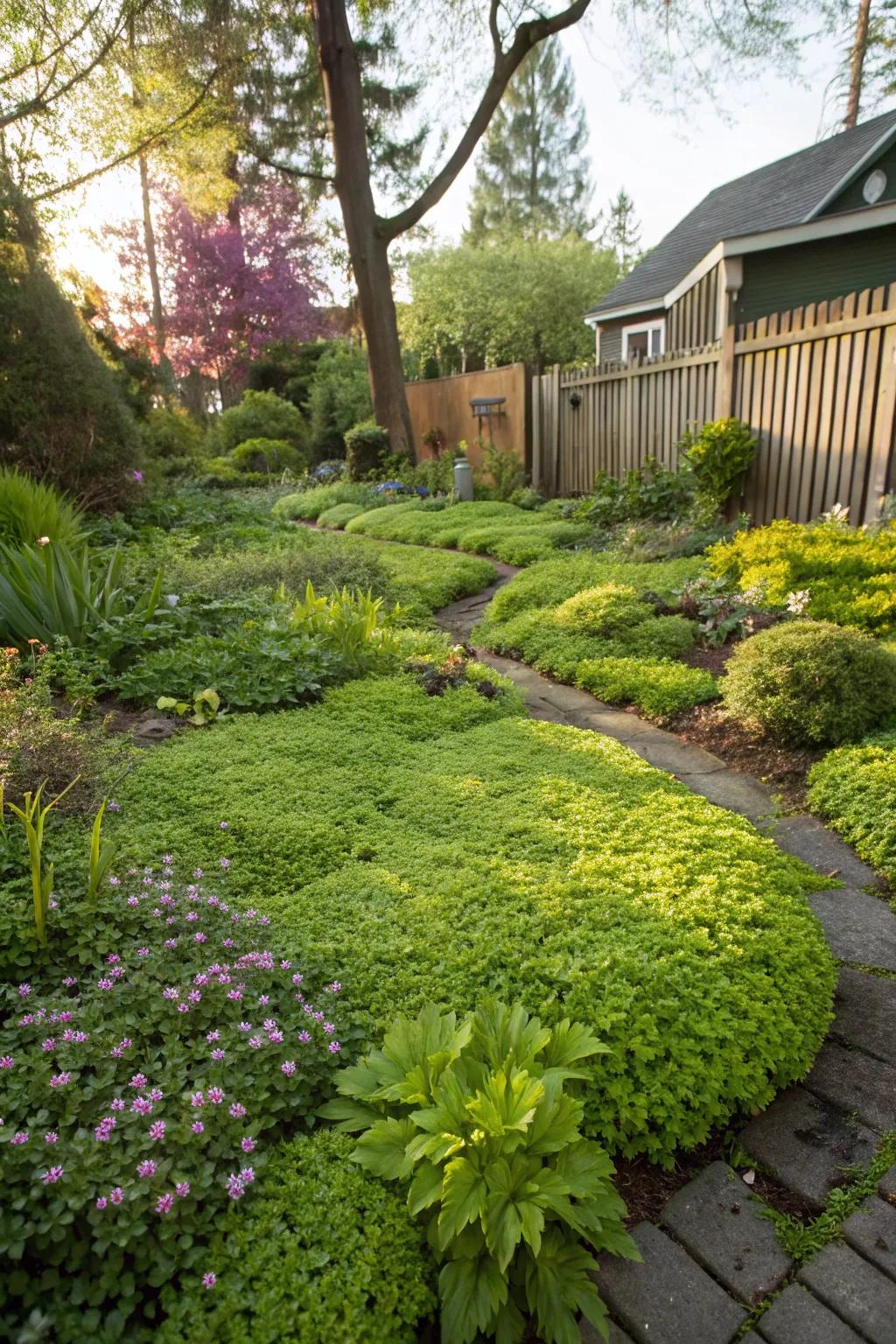 Ground cover plants supersede grass for a low-maintenance Portland lawn.