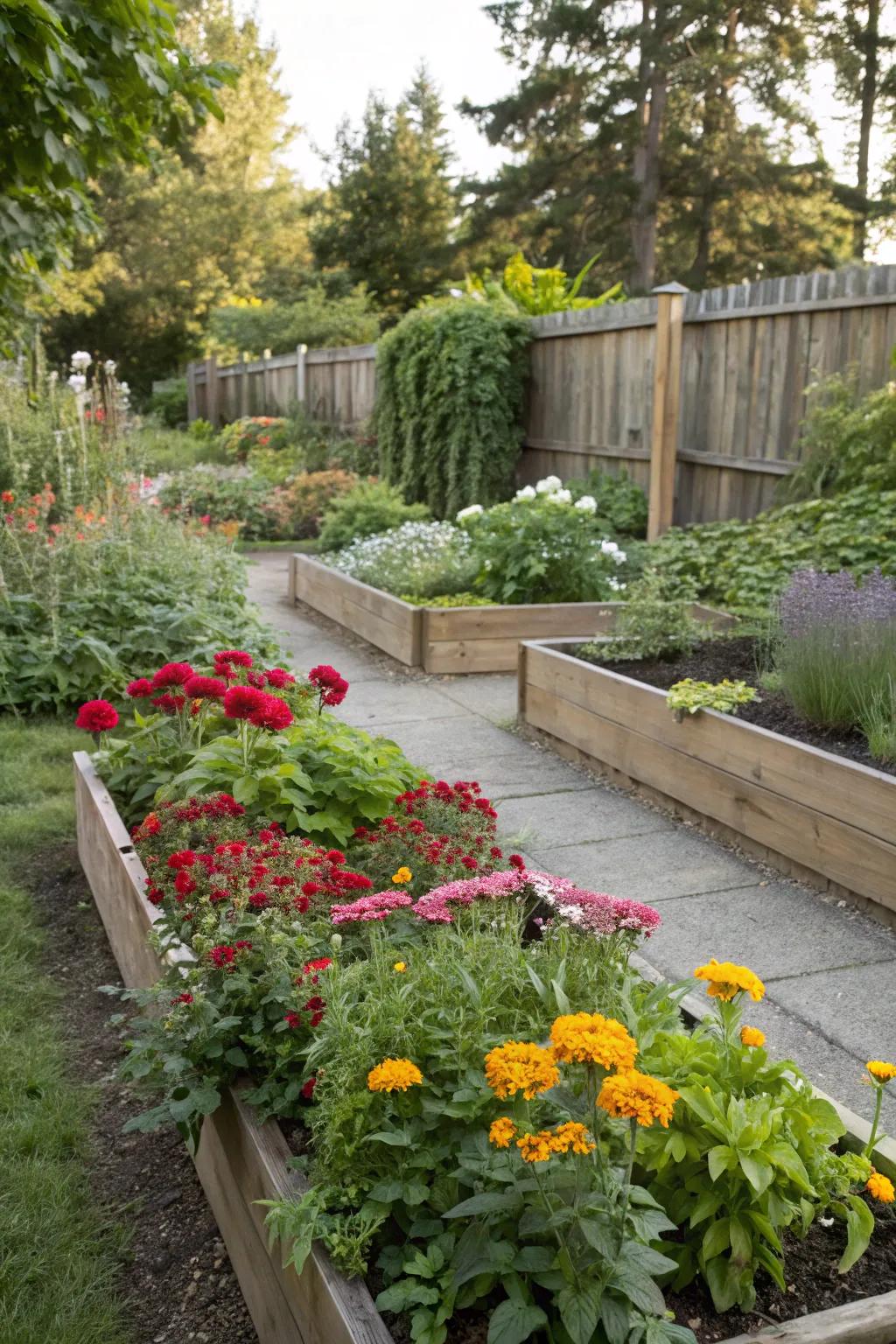 Elevated beds offer ease of care and a tidy garden aesthetic.