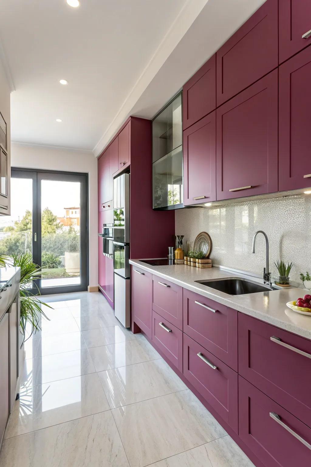 Cerise cabinets offer a surprising and delightful twist in this modern kitchen.