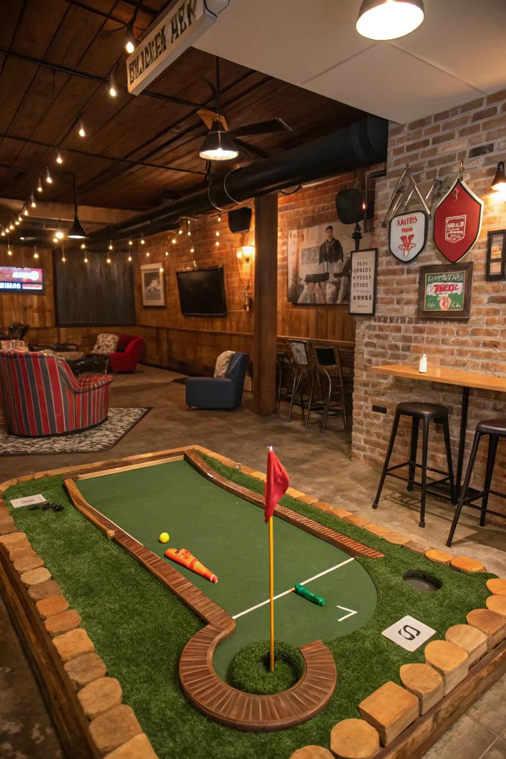 A playful miniature golf configuration inside a man cave.