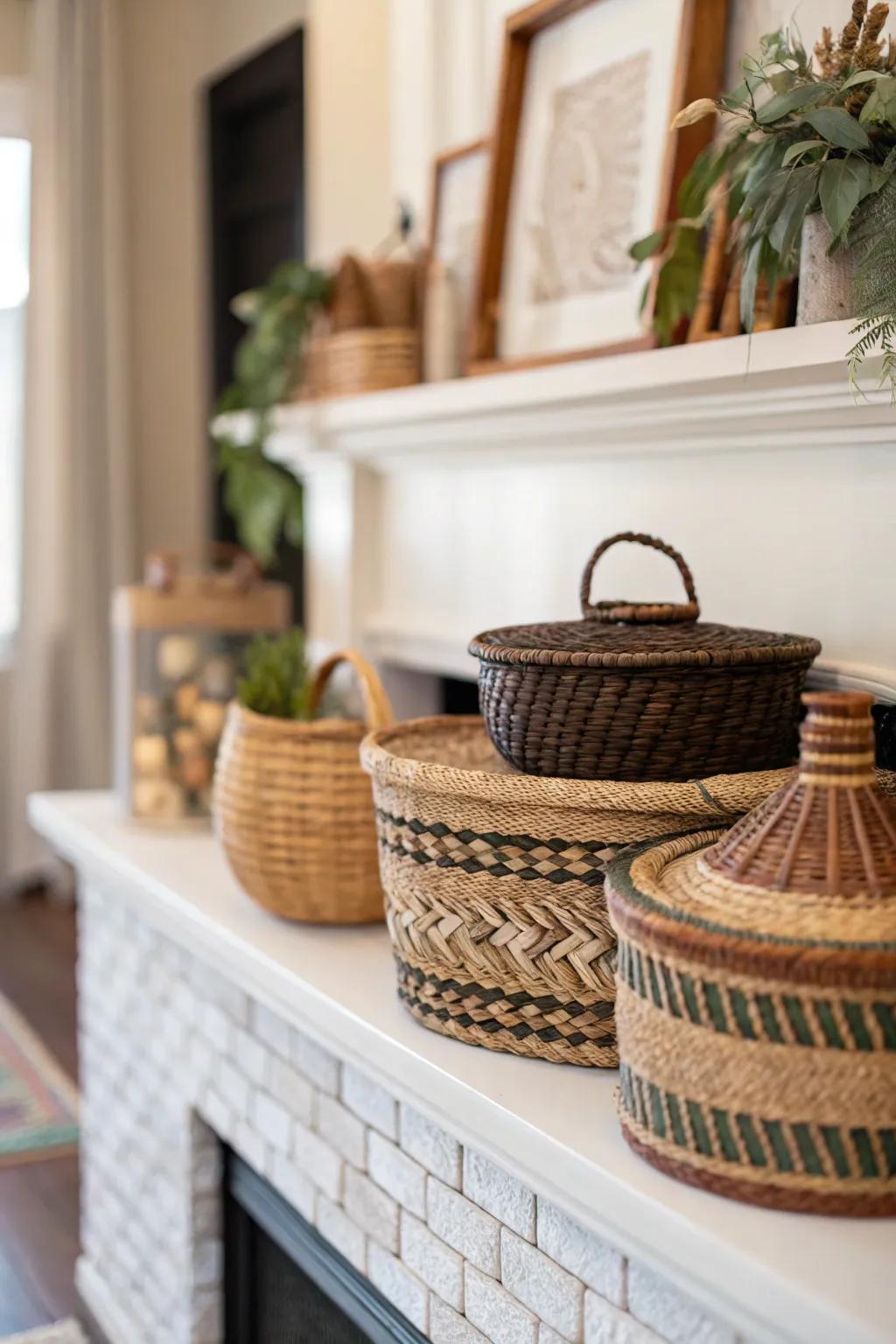 Textural baskets add visual depth and practicality to this mantel.