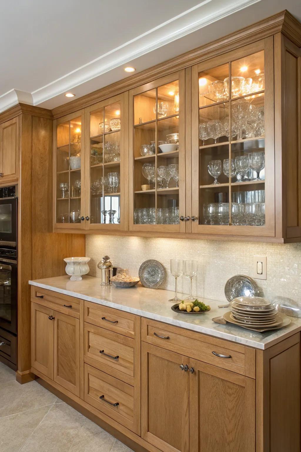 A sophisticated culinary space blending lightwood with glass-front units.