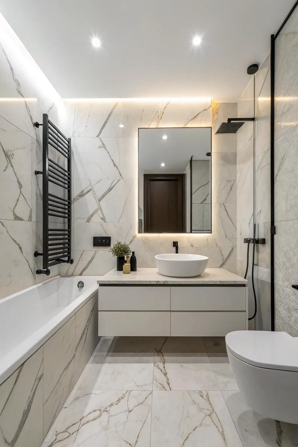 Understated ornamentation appending warmth and nature to a bathroom featuring limestone-effect tiles.