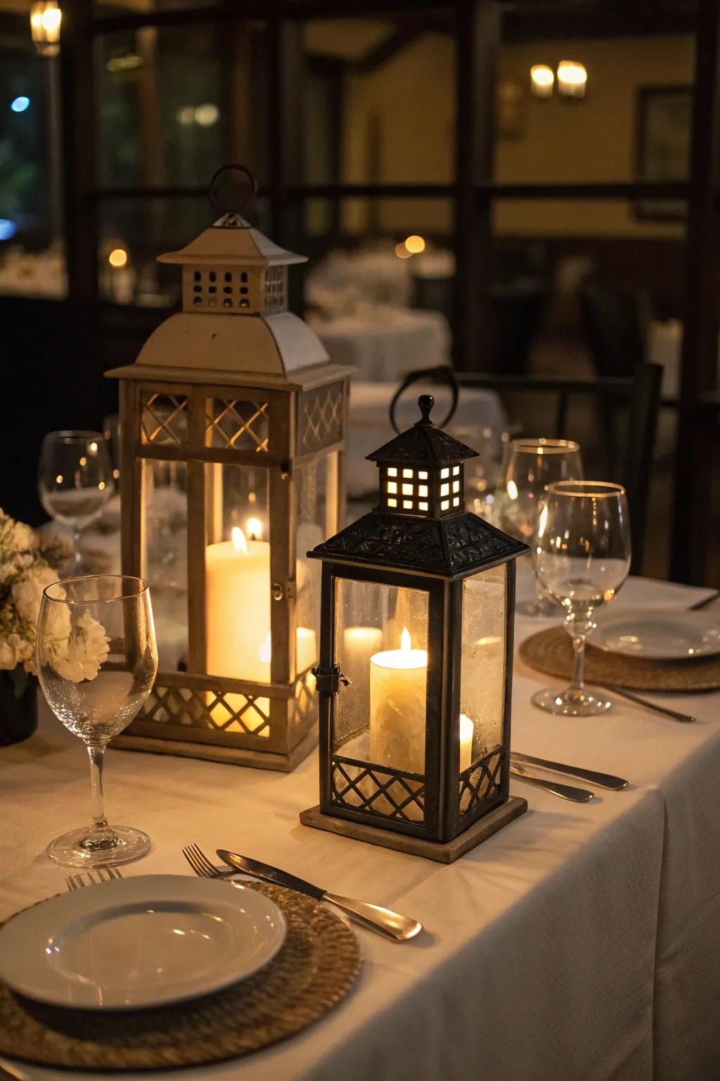 Enclosed candle holders emit a snug luminance.