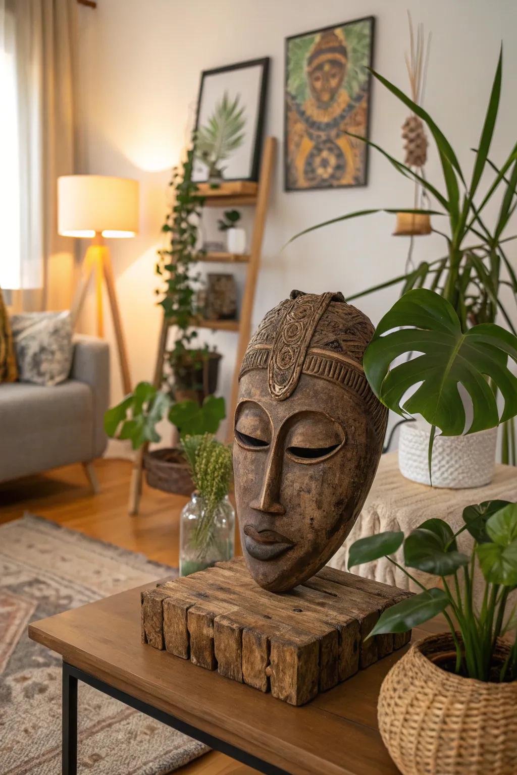A natural mask sculpture adding warmth to home settings.