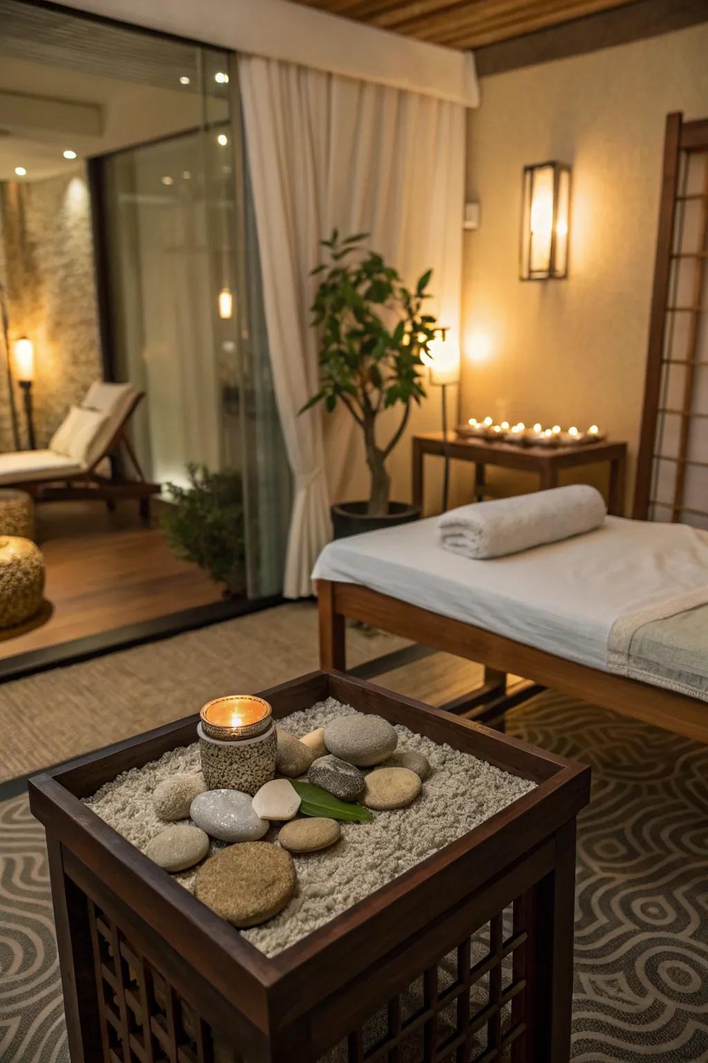 A zen garden bestows a meditative element upon the room.