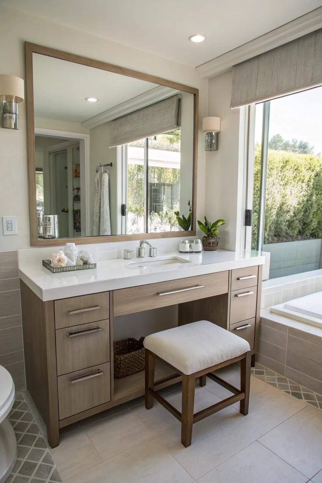 A bathroom design that presents integrated seating positioned at the vanity area.