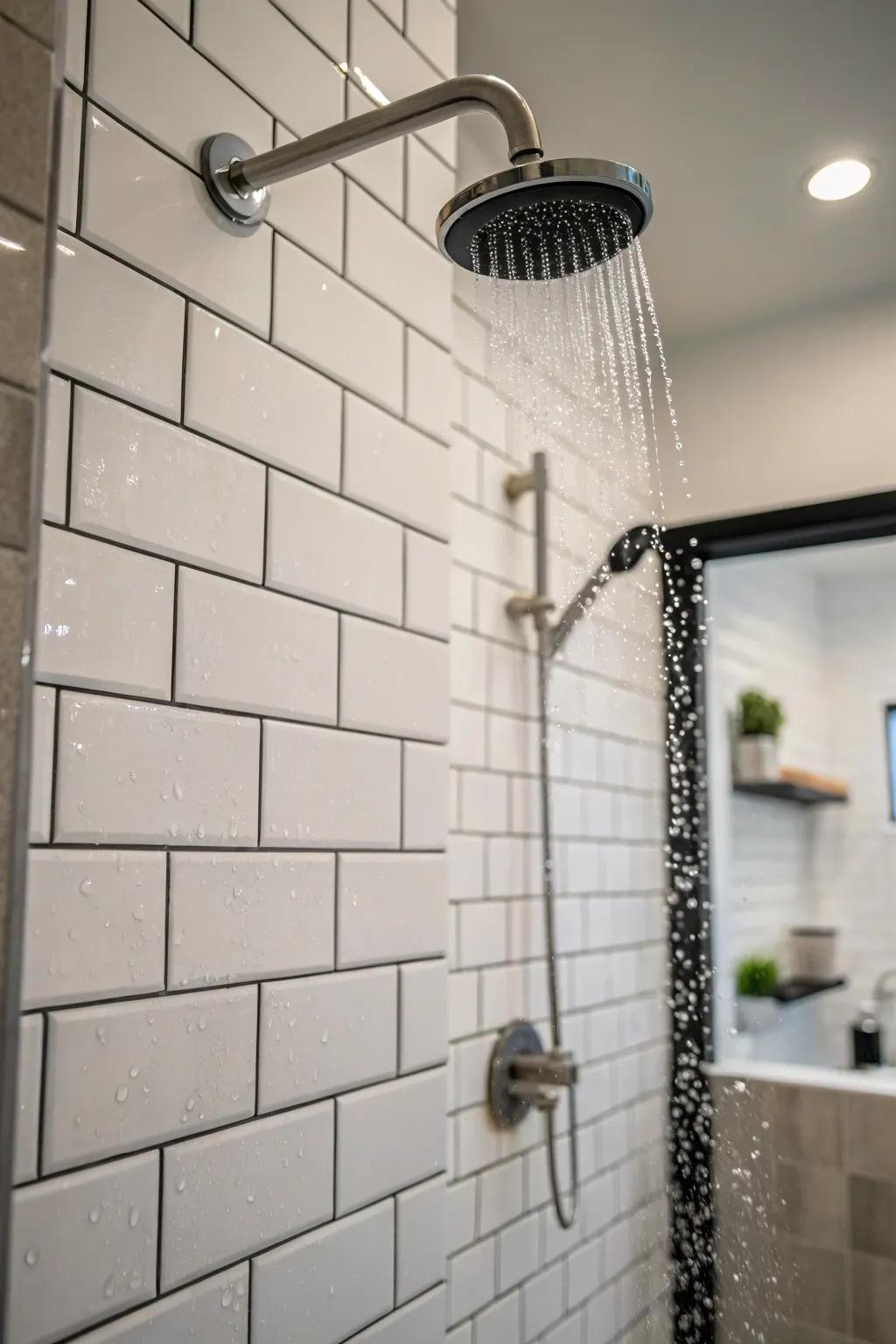 A shower stall exhibiting minimalistic longitudinal pavers, affording ageless elegance.