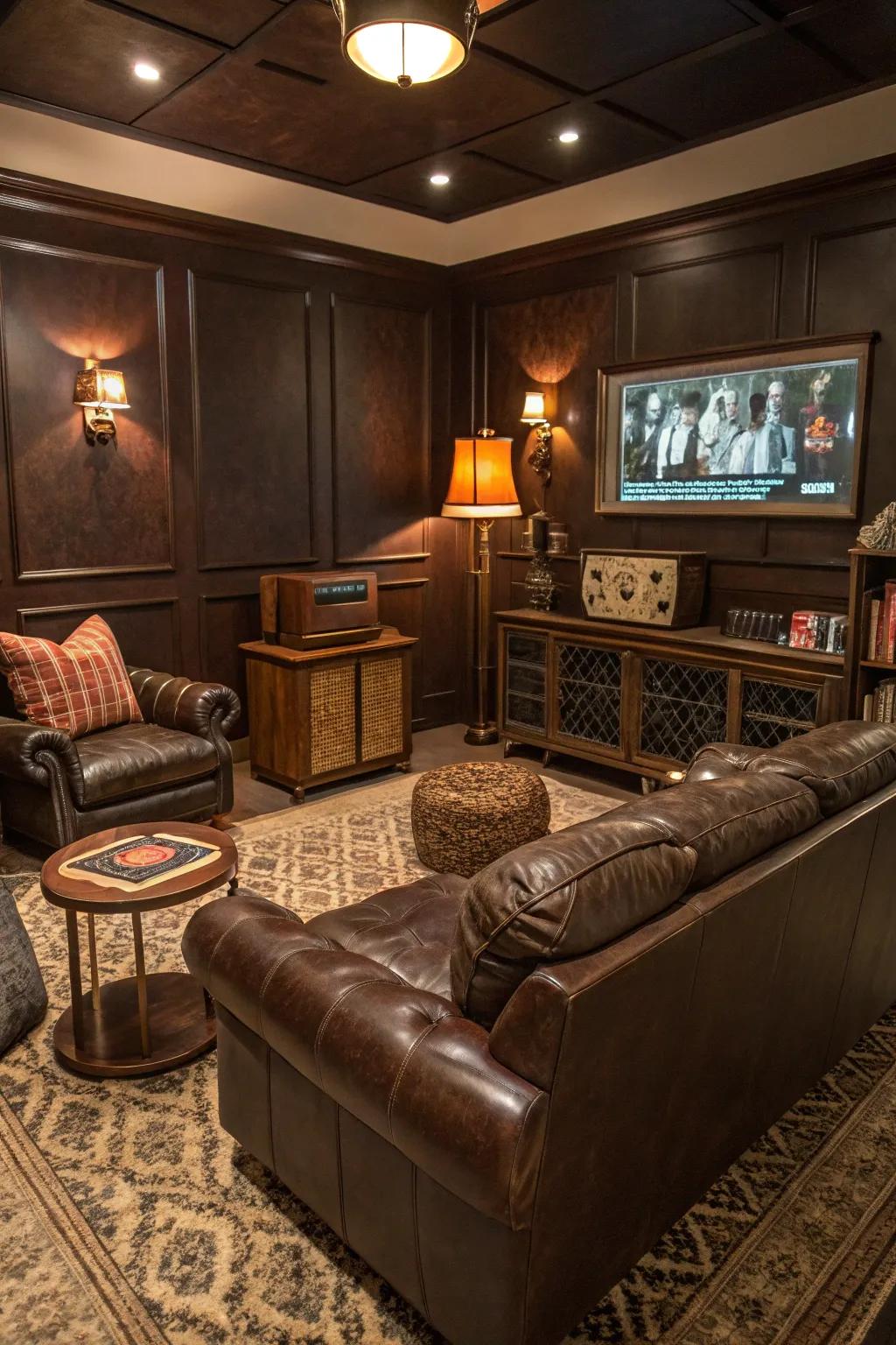 A classic media room featuring dark chocolate walls, ideal for timeless elegance.