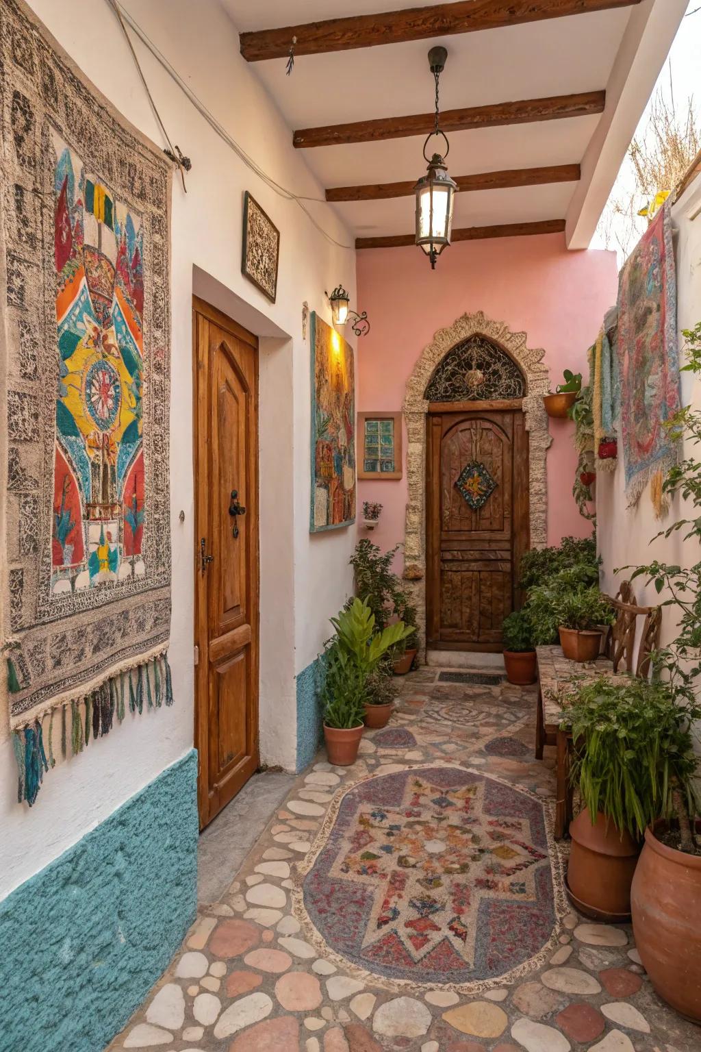 Lively artwork in a Mediterranean entryway contributes cultural depth and visual interest.