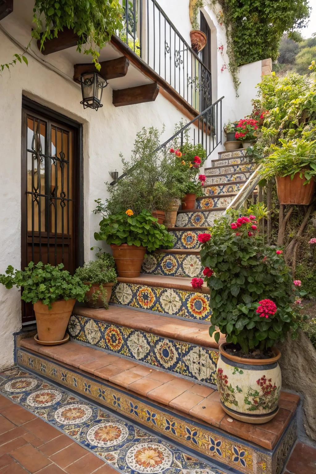 Decorative tiles and planters adding elegance to the staircase.