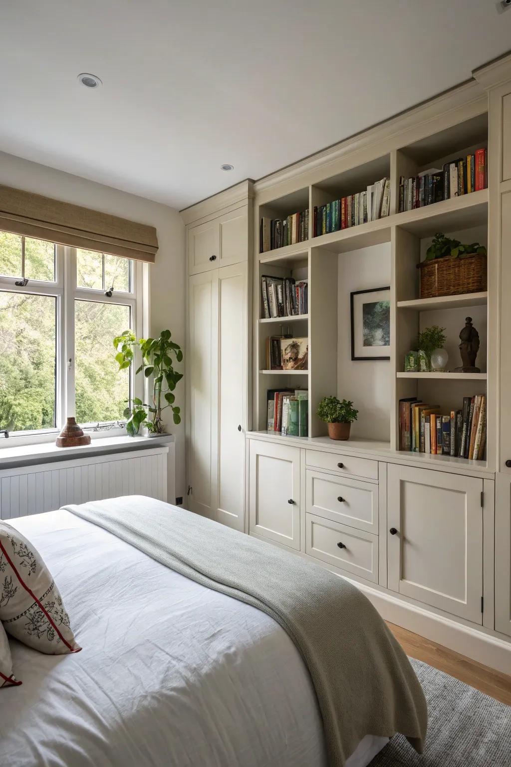 A bedroom featuring efficient built-in storage solutions.