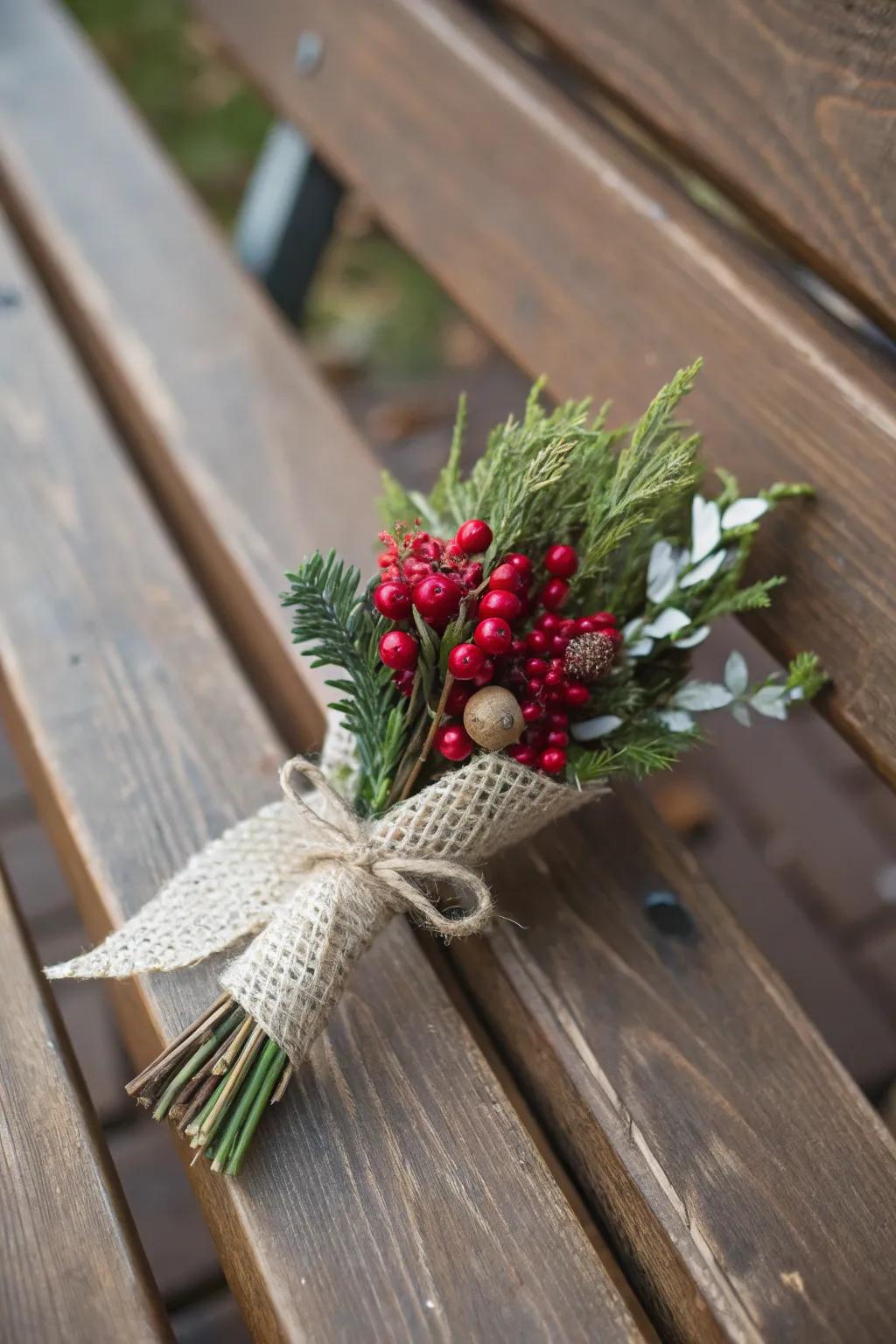 A berry and greenery boutonniere provides natural refinement.