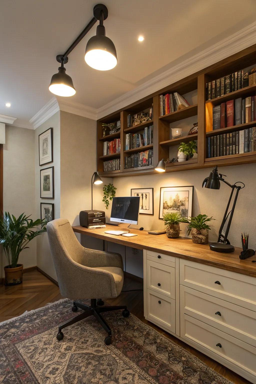 Emphasized lighting introduces warmth and flair to this home-based office.