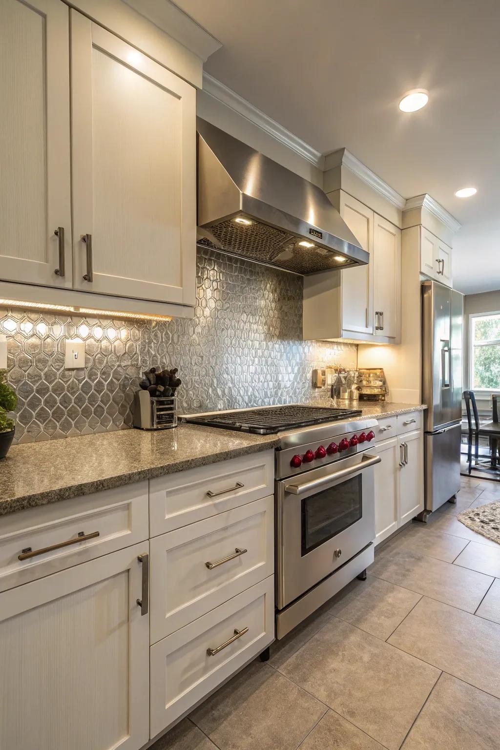 A practical kitchen fitted with an easy-to-clean metal backsplash.