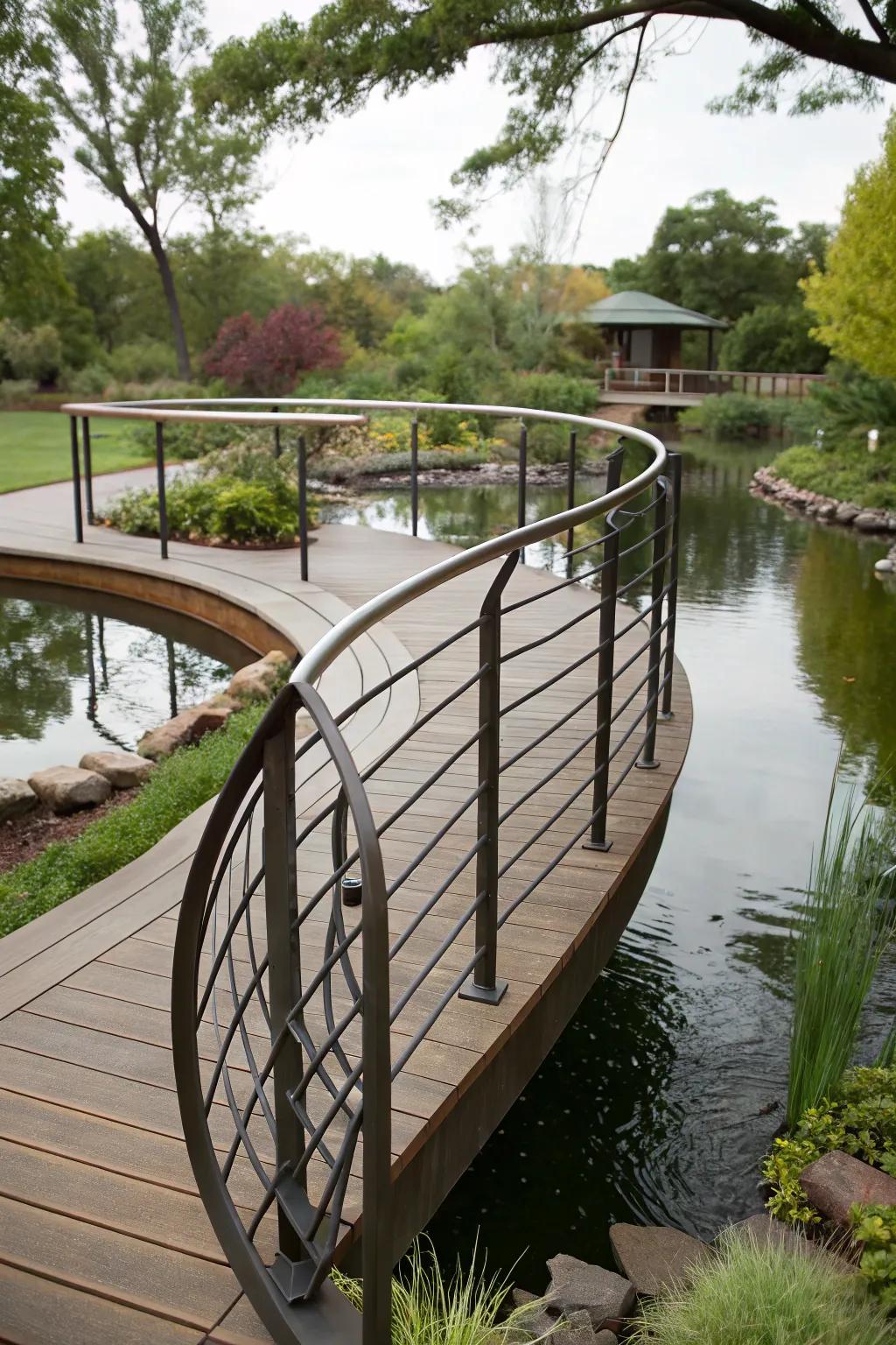 Curved railings present a sophisticated and fluid form.