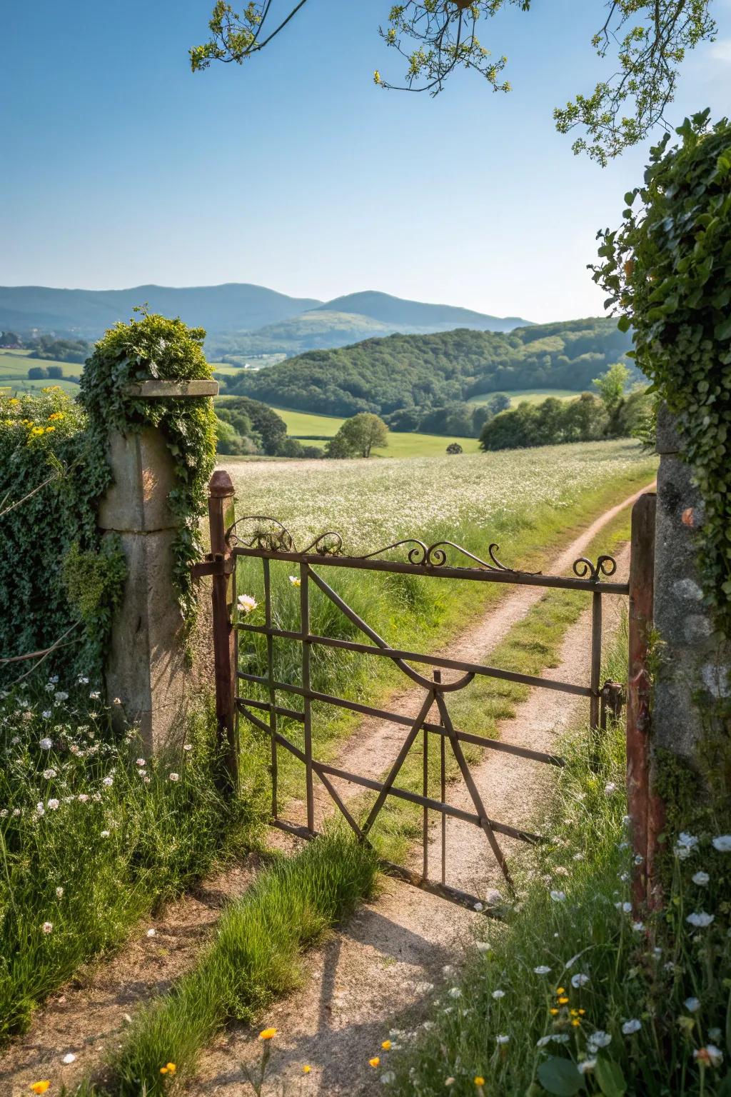 A rustic metal gate imbuing a sense of nostalgia and charm.