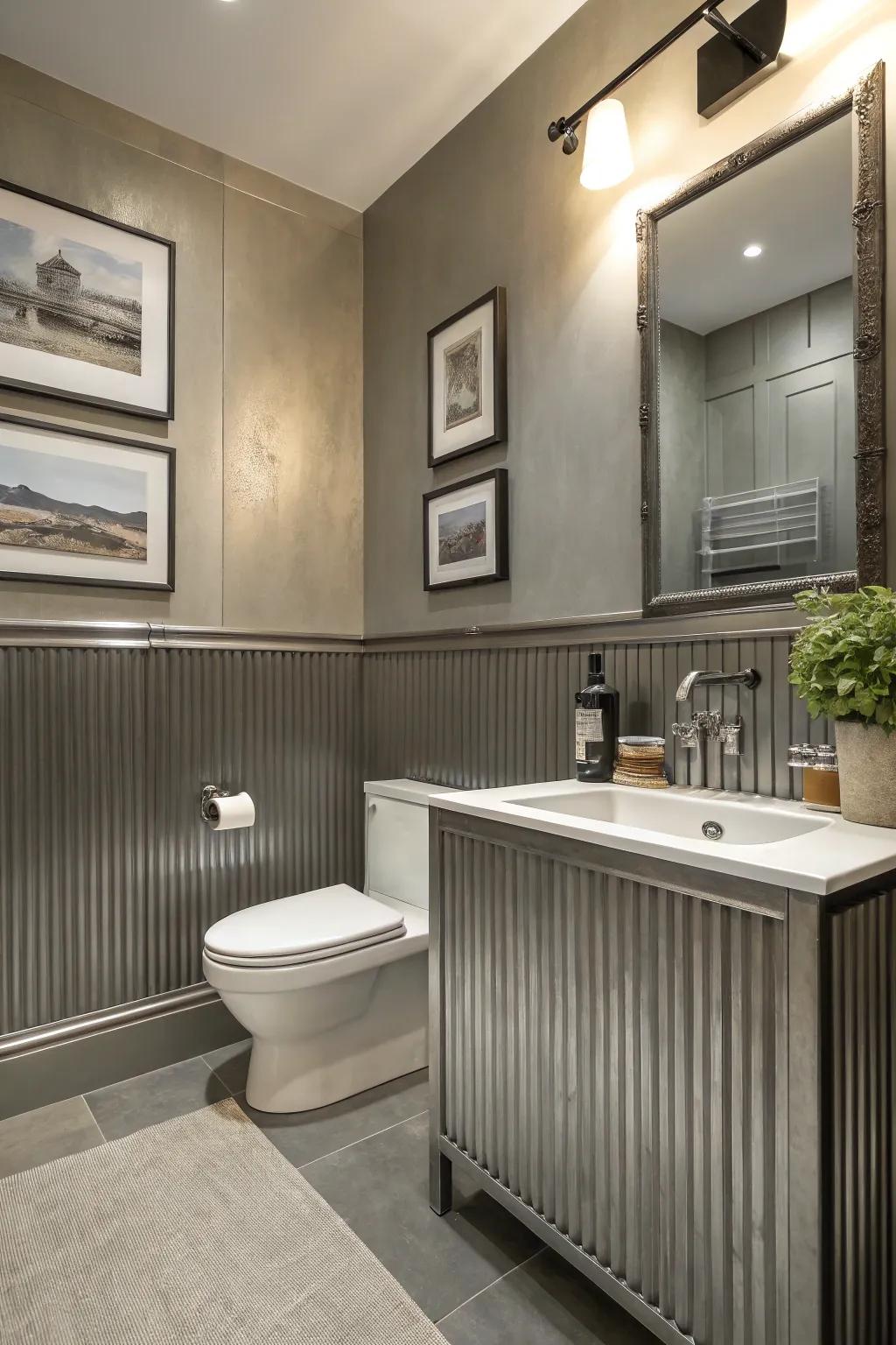 Realize industrial sophistication in your lavatory via metallic paneling.