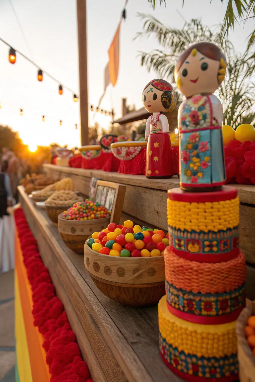 Add a touch of tradition with small-scale Mexican dolls, infusing warmth and culture into your confectionery bar.