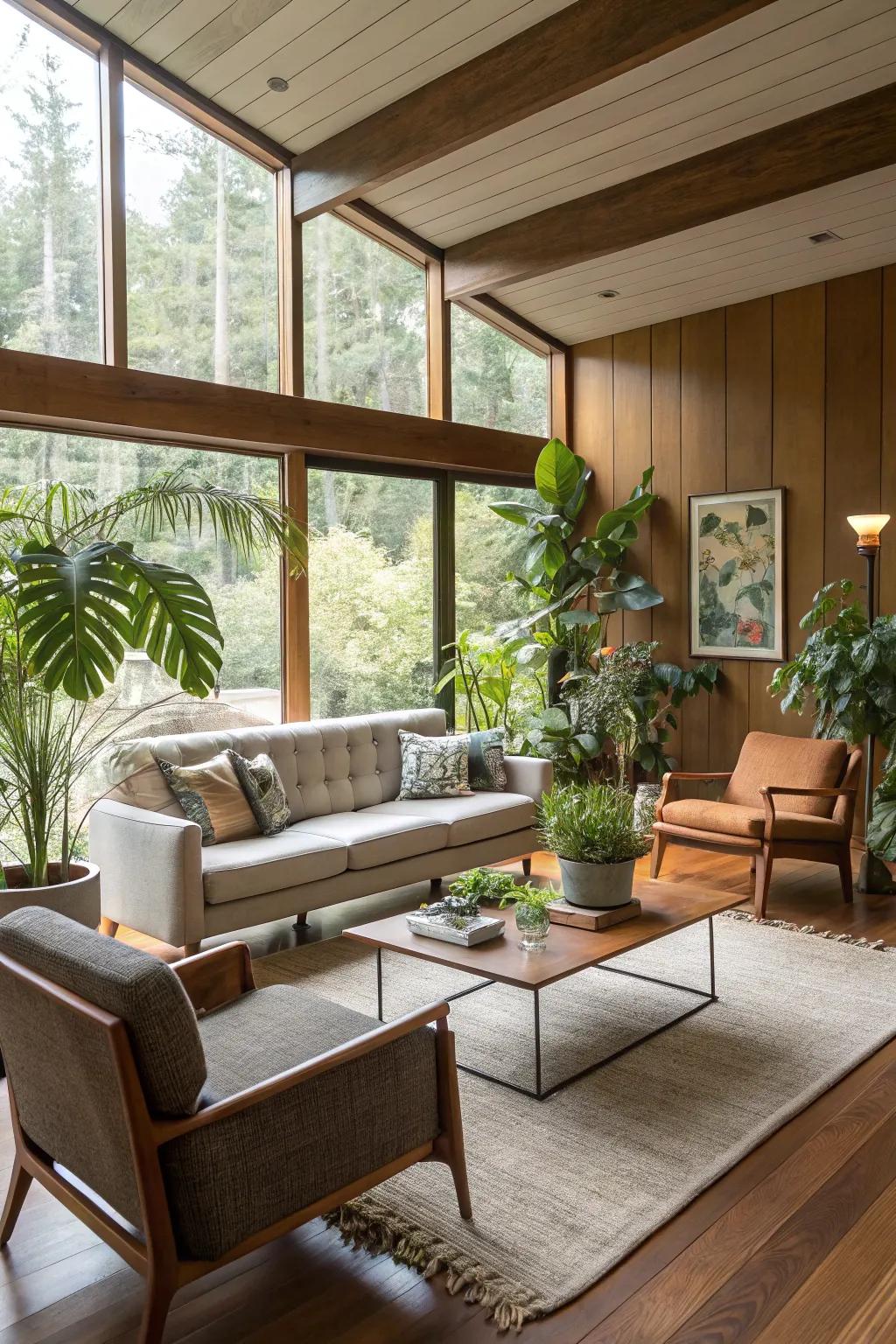 Houseplants contribute life and color to this mid-century modern living space.