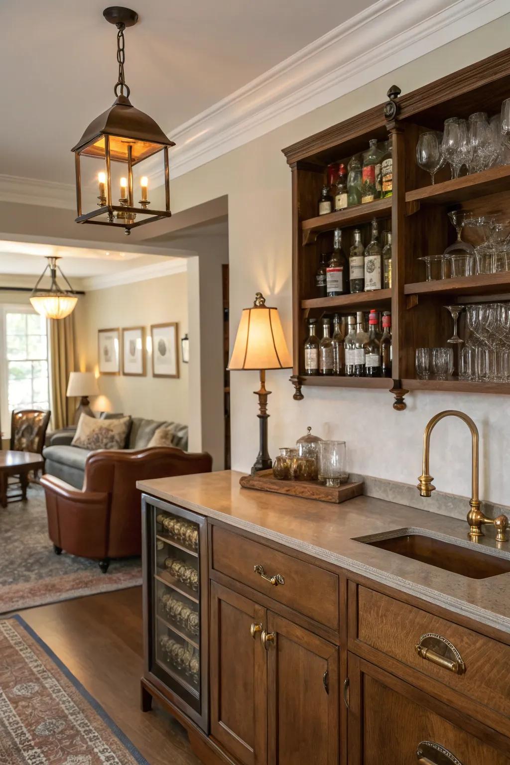 Vintage embellishments impart sophistication and reminiscence to a domestic bar.