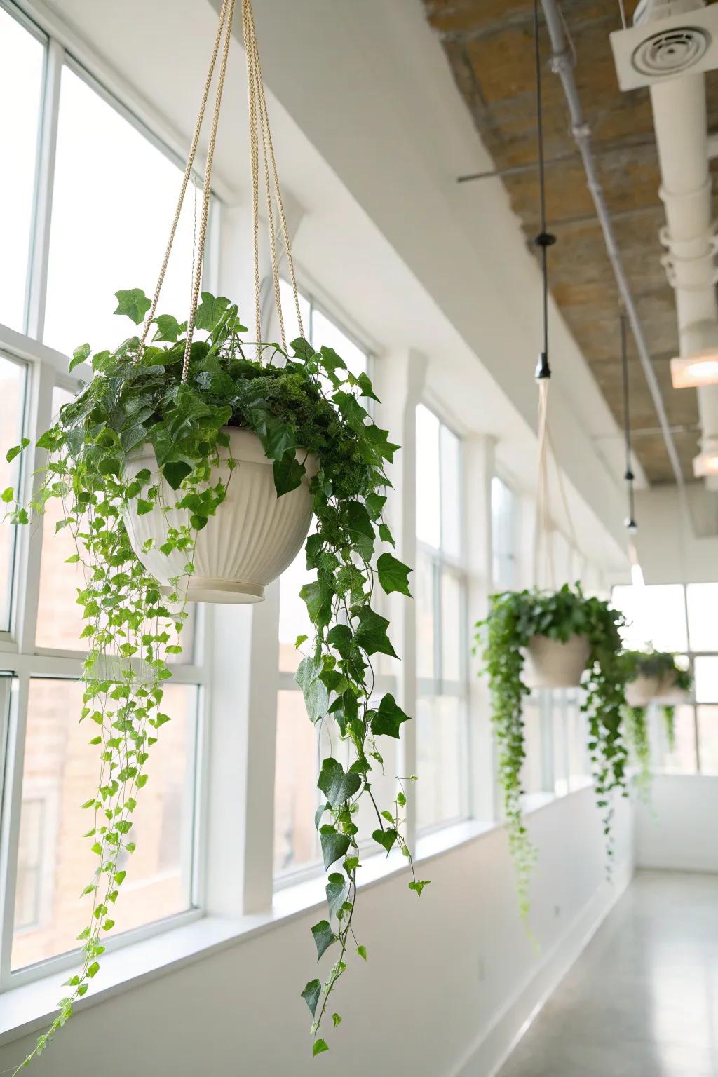 Stylish suspended plant holders featuring cascading ivy within a contemporary studio environment.