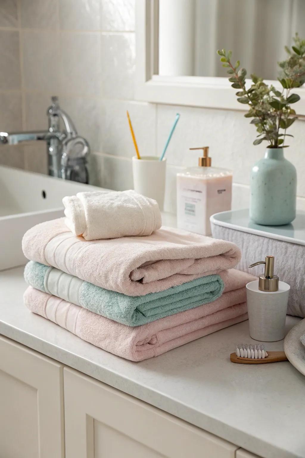 A hint of pastel brings a cheerful touch to the bathroom.