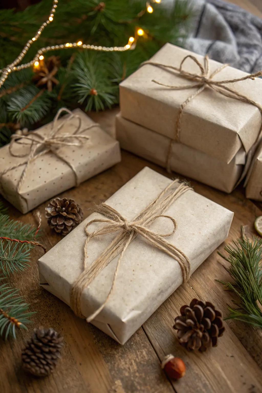 Gifts enclosed in recycled paper and cotton twine for a sustainable and minimalist presentation.