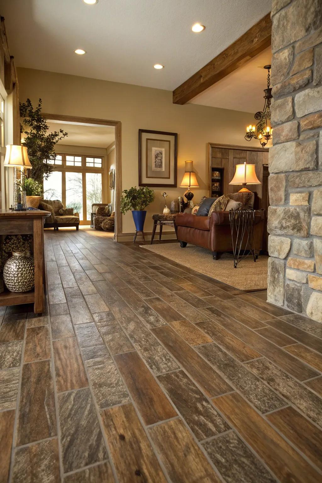 Vinyl flooring mirrors timber and stone for a versatile design.