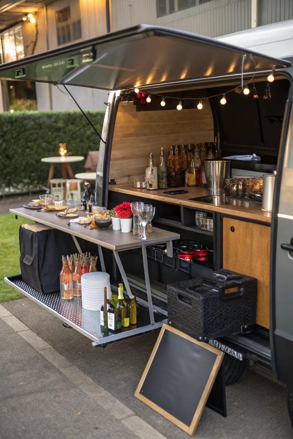 A convertible fold-out surface adds versatility to this rolling bar.