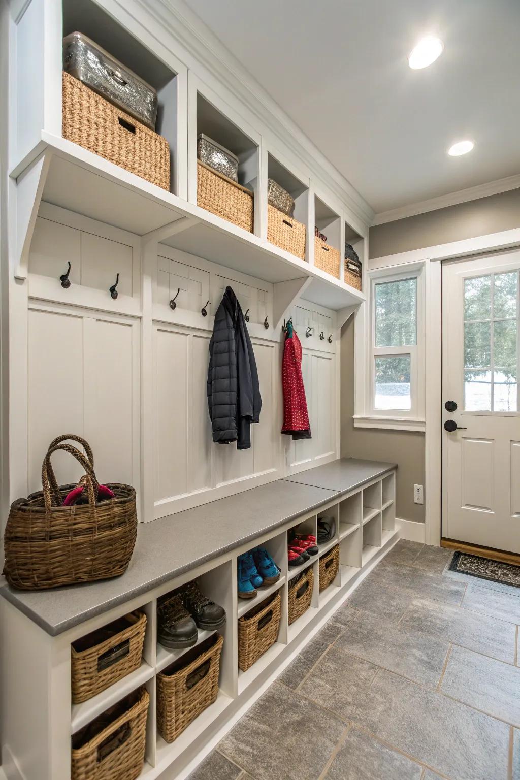 A functional transition space featuring storage benches and coat fixtures, helping to maintain an organized residence.