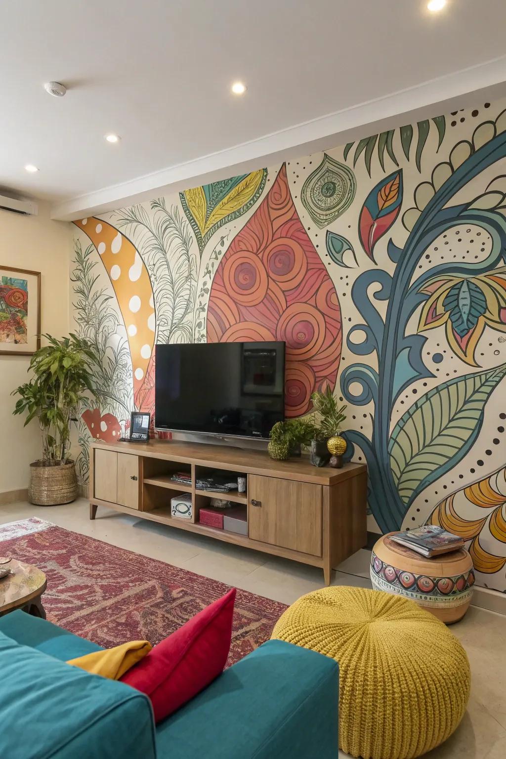 Creative wall arts convert the TV wall into a focal point.