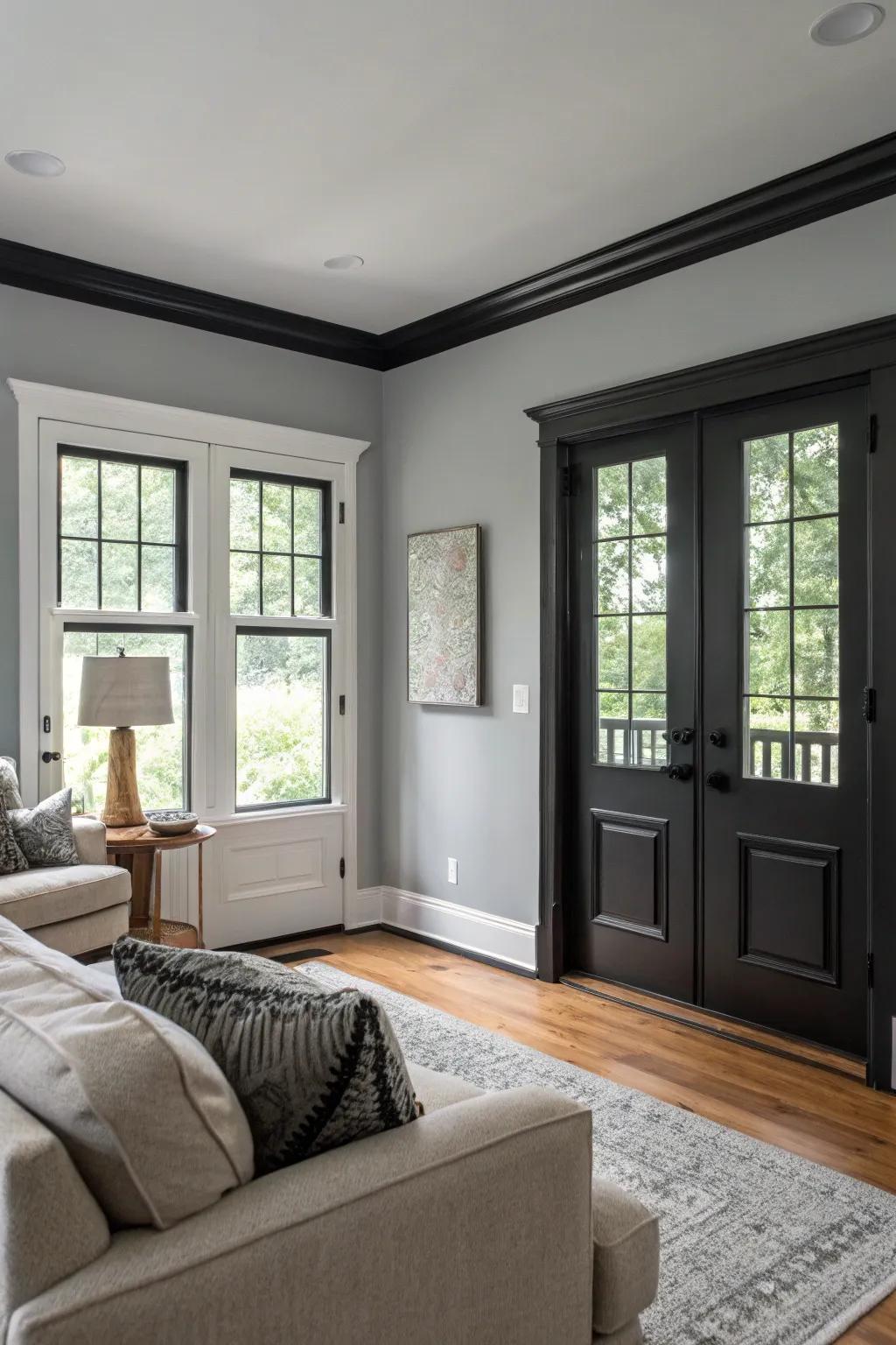 Stone grey walls complemented by ebony trim enhance sophistication and accentuate architectural features.