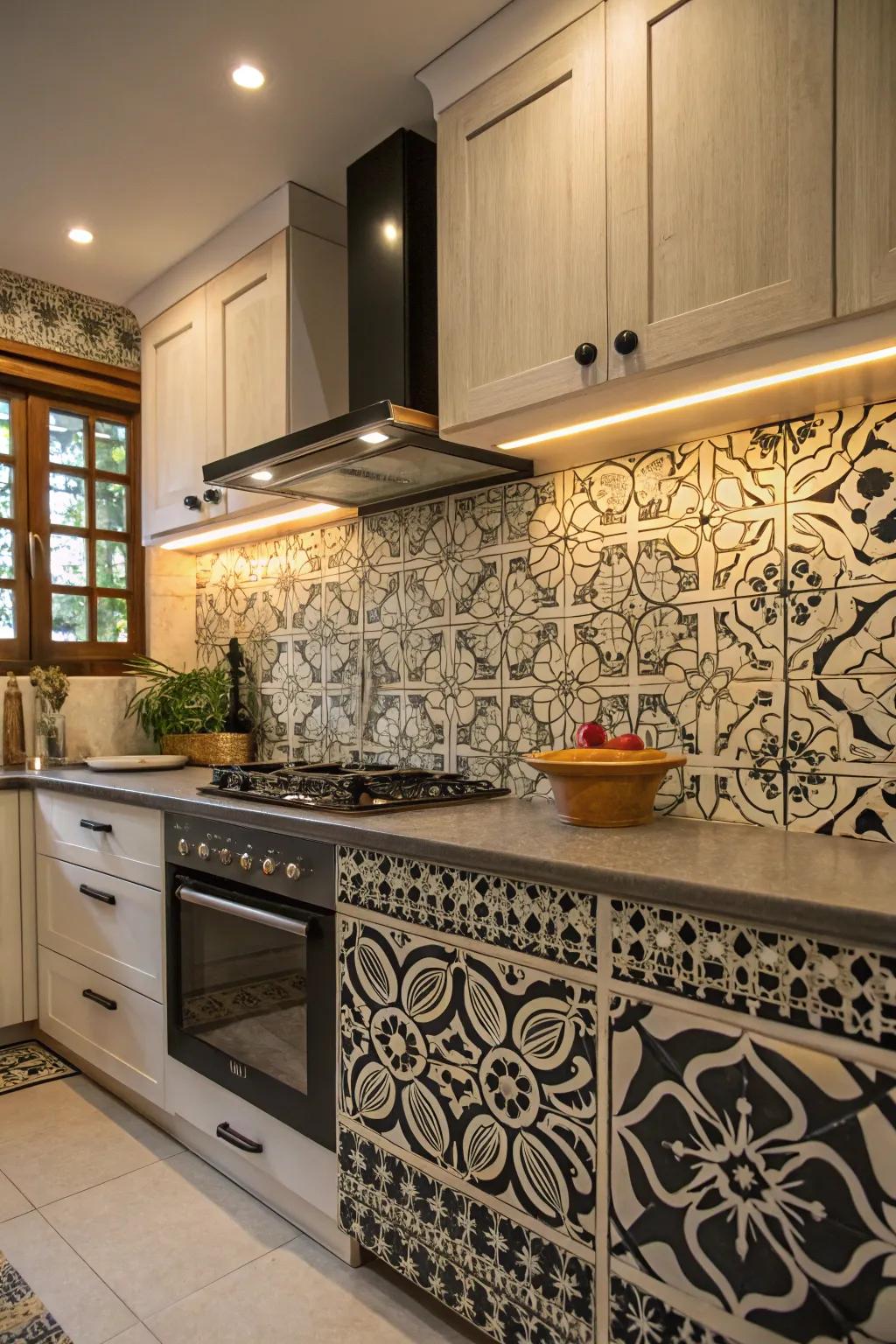 Moroccan tiles deliver an exotic flair to the kitchen.