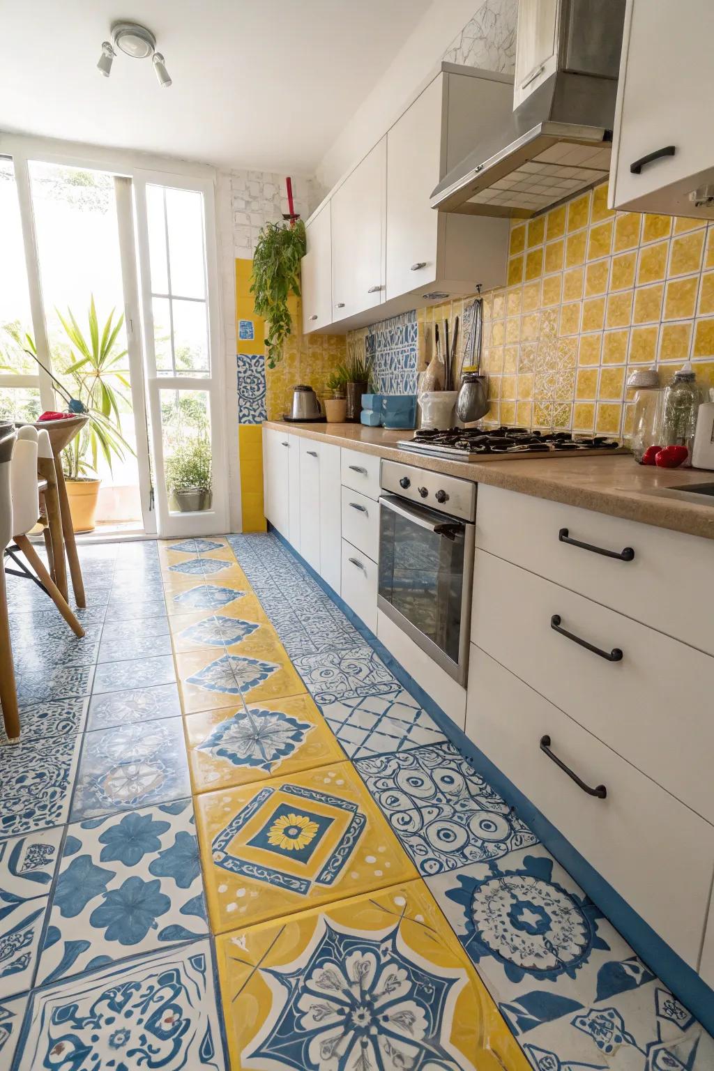 Assorted tile compositions bring a distinctive and vibrant vigor to this kitchen.