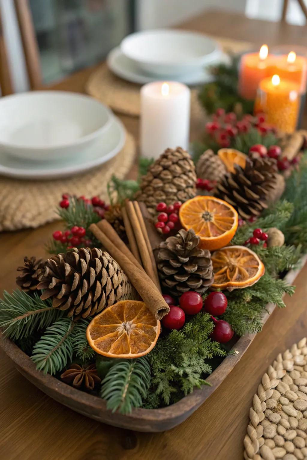 A rustic table centerpiece incorporating pinecones and dried fruit elements for Christmas.