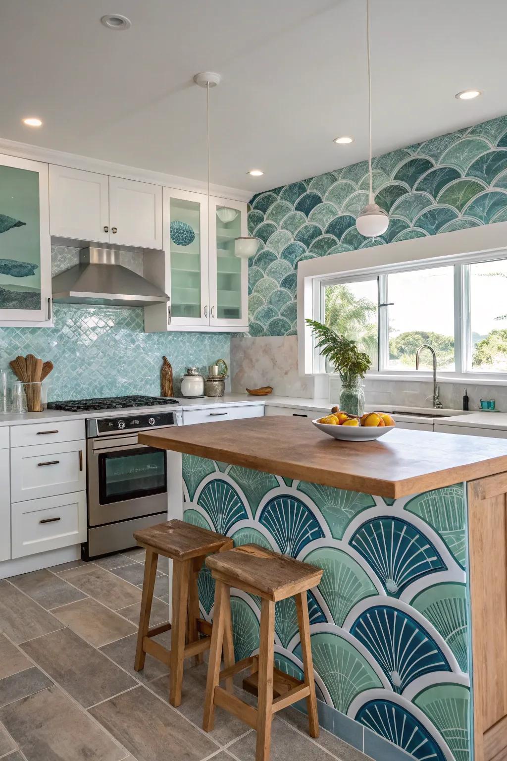 A seaside-inspired backsplash delivers a stunning focal point.
