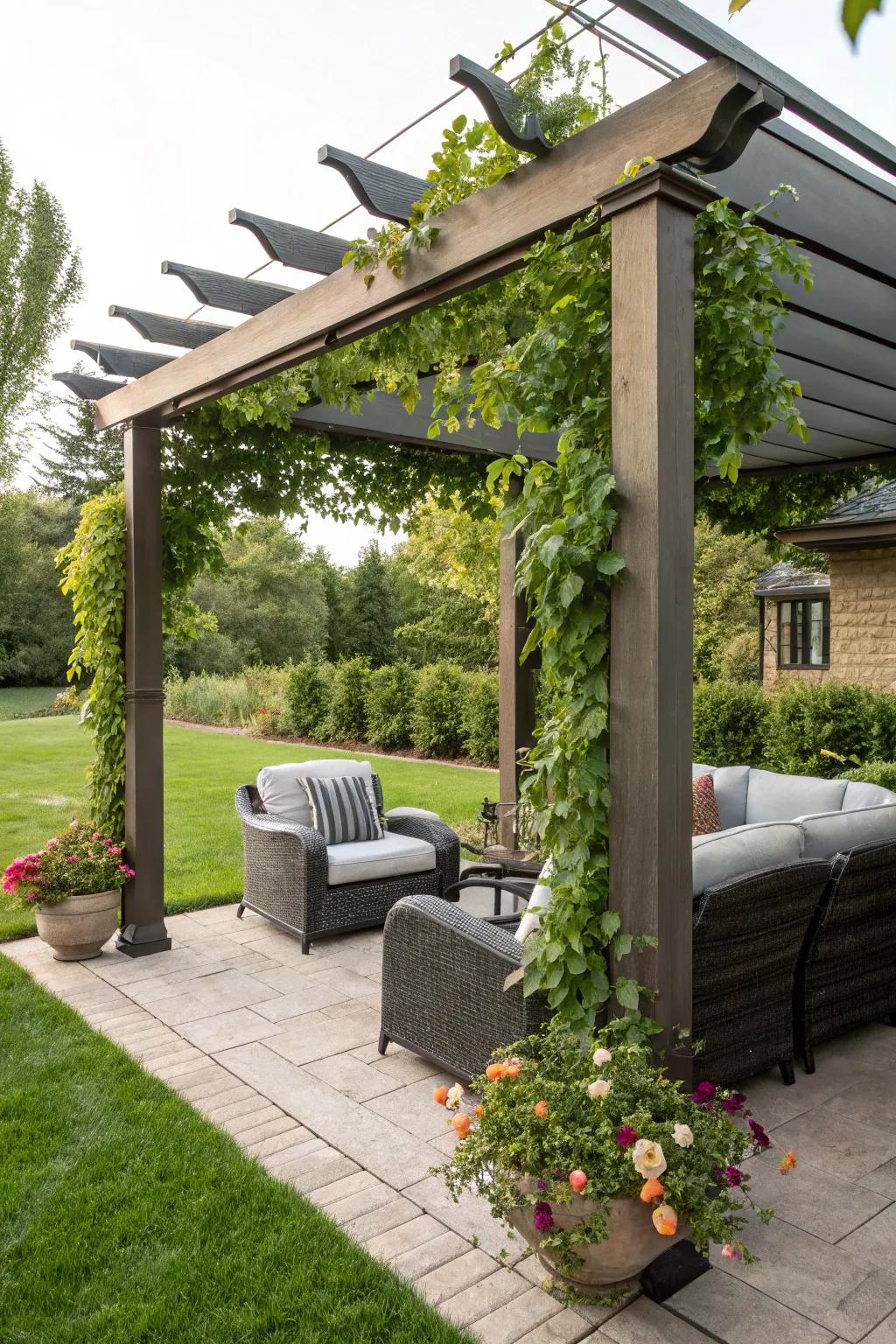 A shade structure provides fashionable shade and design charm.