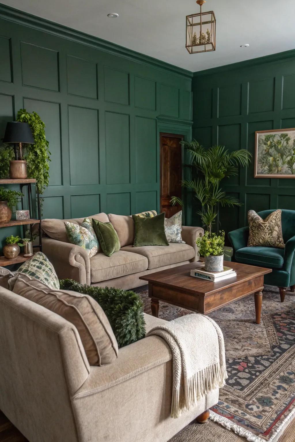 Cozy seating arrangements make a dark green living room inviting.