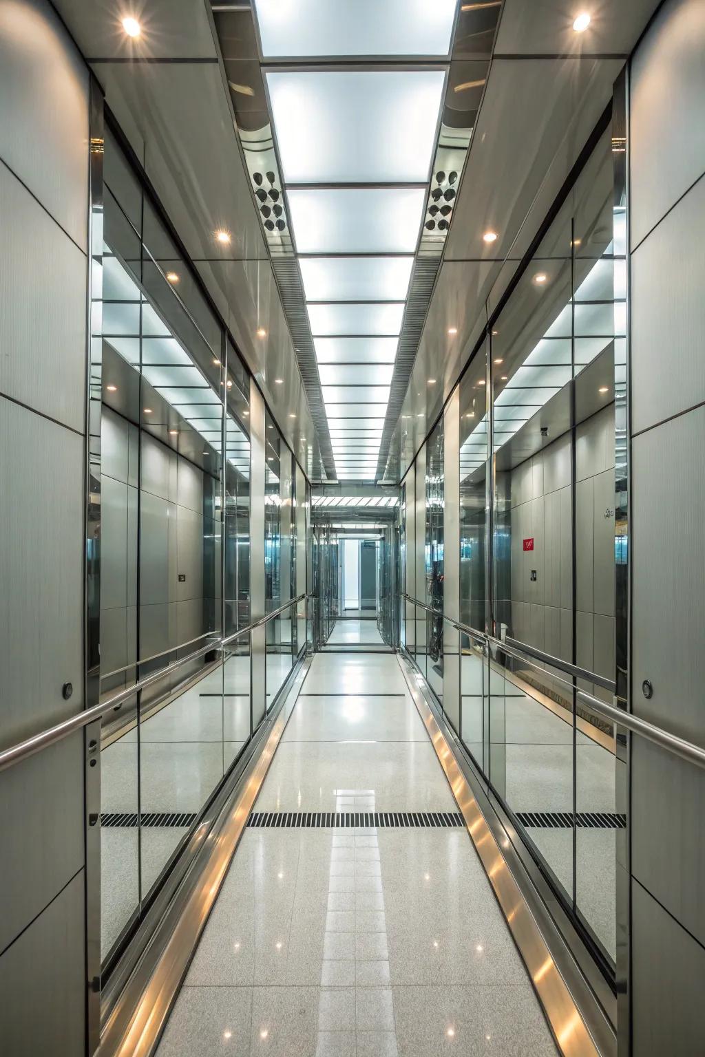 An elevator interior with mirrored surfaces that promote an expansive and bright atmosphere.