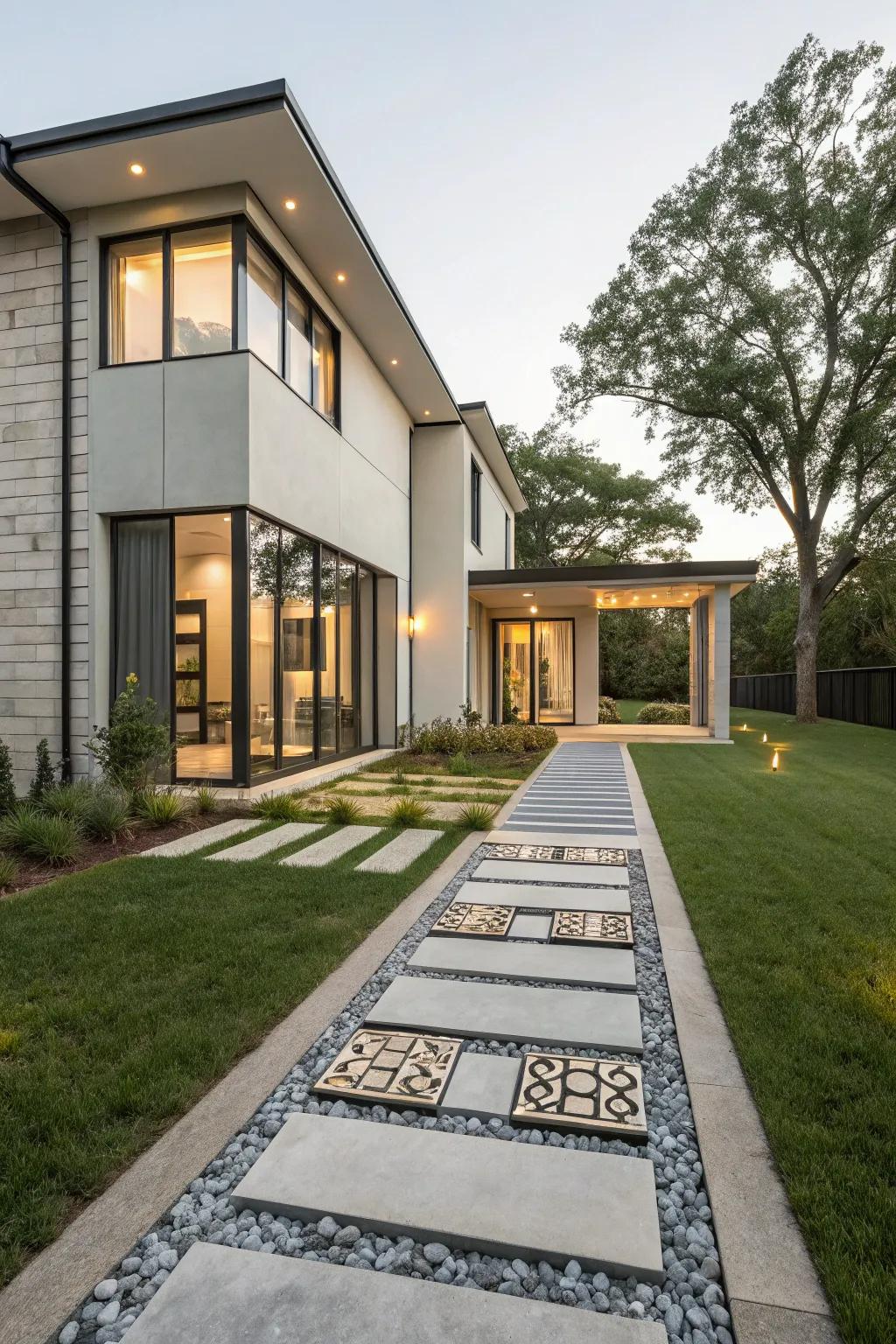 An artistic pathway enhances the route toward the entryway.