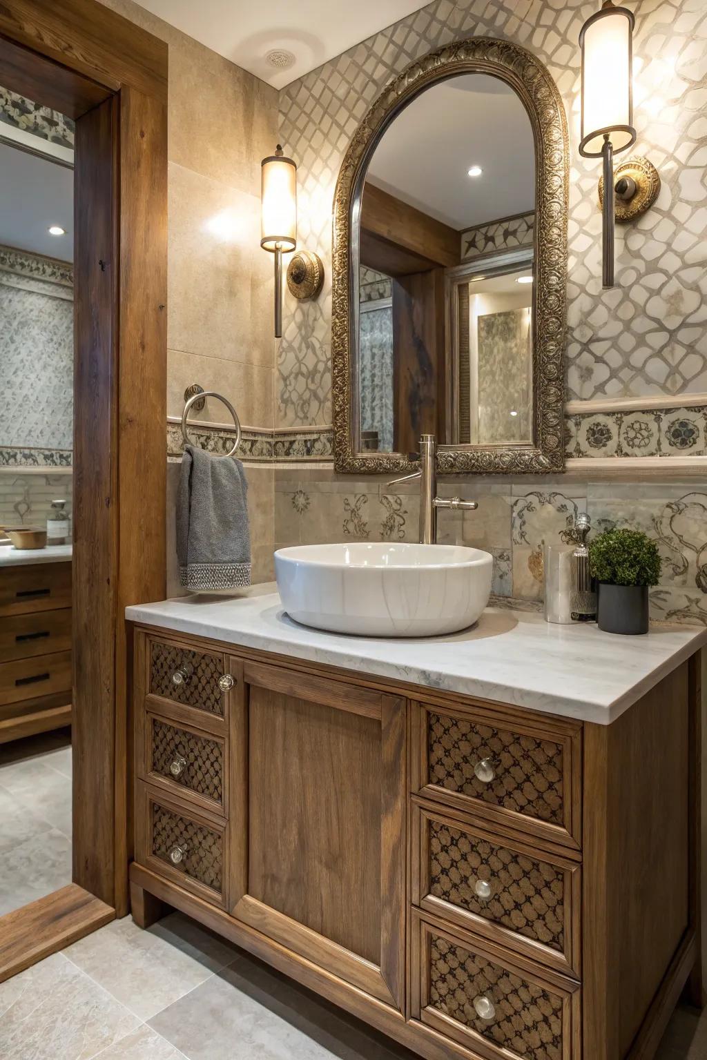 A harmony of timber, metal, and ceramic textures defines a powder room.