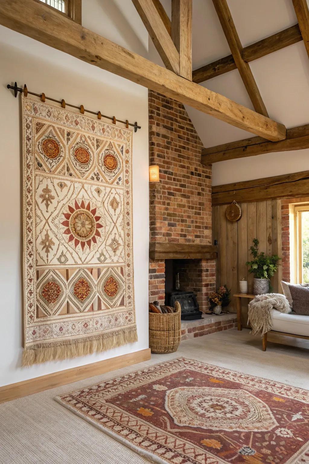 Textured woven artwork in a comfortable living room.