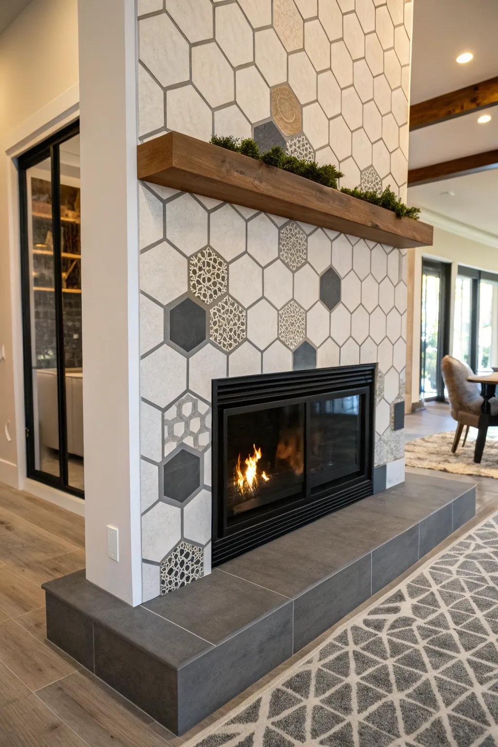 Fireplace featuring geometric hexagonal stone layout.