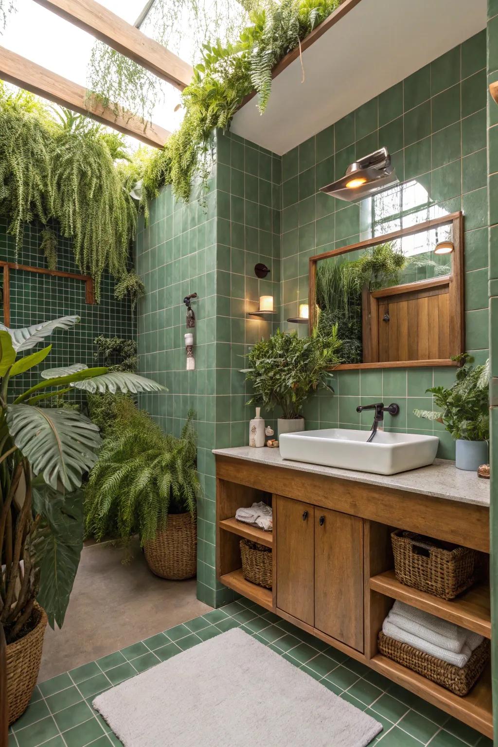 Nature indoors with verdant tiles and natural accents.