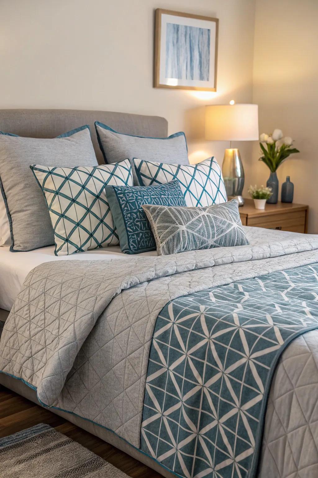 Geometric motifs in grey and azure add a modern touch to your bedroom.