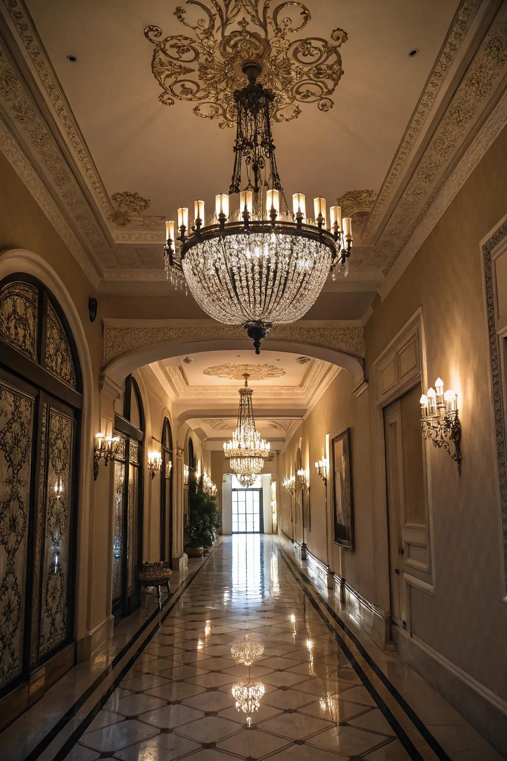 Standout chandeliers make a lasting impact in hallways.