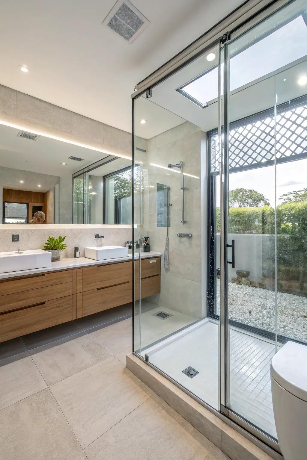 Glass partitions enhance the room's openness and style.